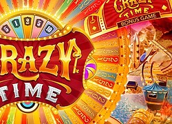 Exciting casino game wheel with vibrant colors and "Crazy Time" branding.